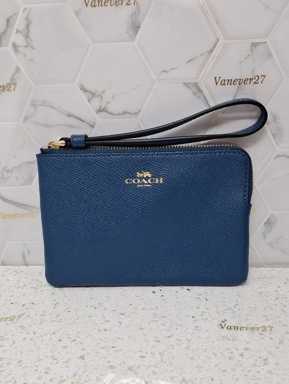 COACH Wristlet Pouch with Corner Zip and Blue Embossing